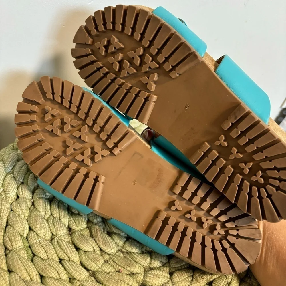 Jack Rogers Rose Aqua Blue Leather Double Knot Slide Flat Sandals Size 9